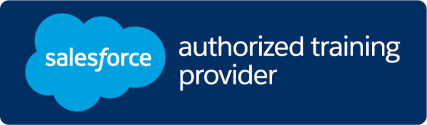 The blue Salesforce cloud logo is on the left of an rectangle image with dark blue background. The words "authorized training provider" take up 2/3 of the logo.