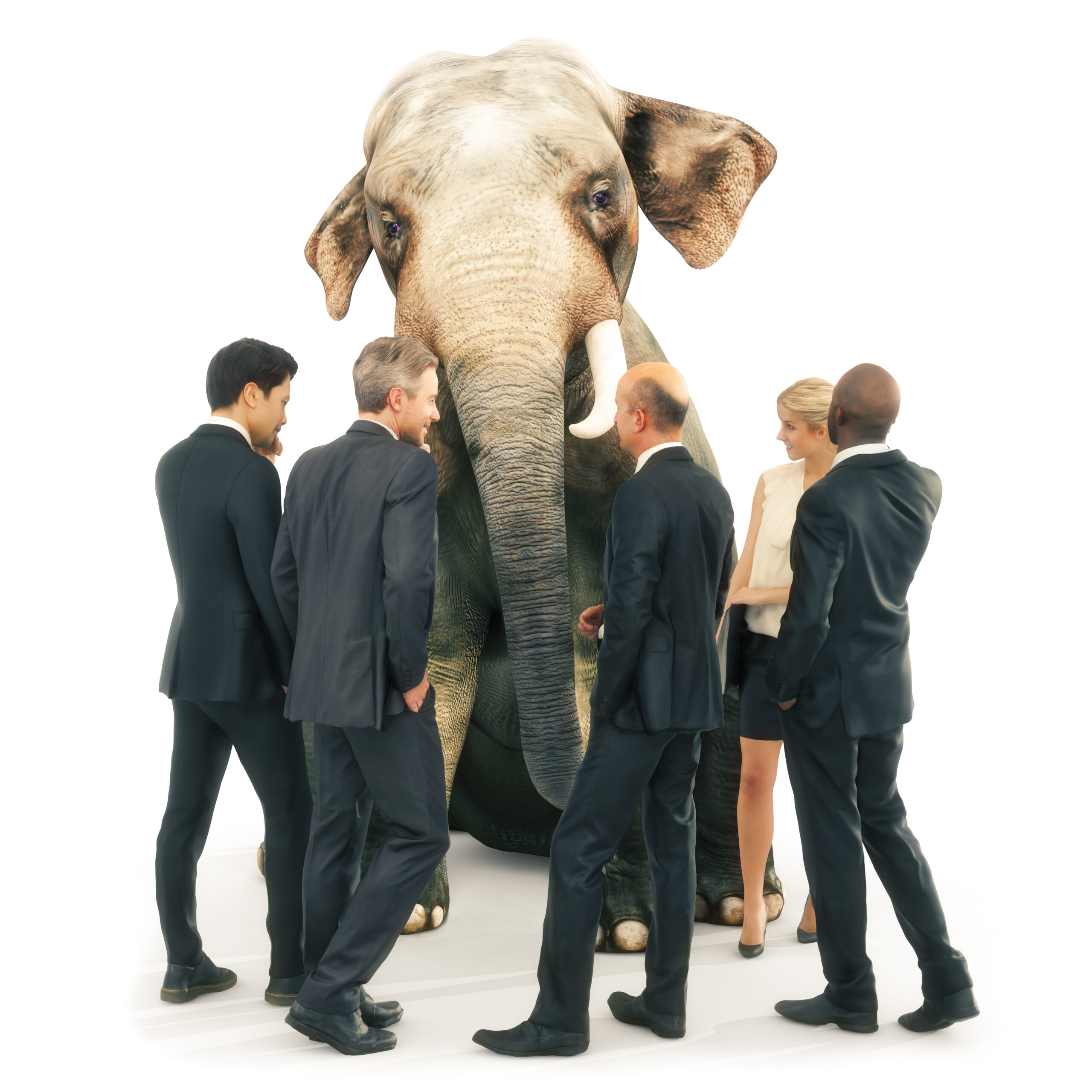 a group of business people standing in a circle with an elephant