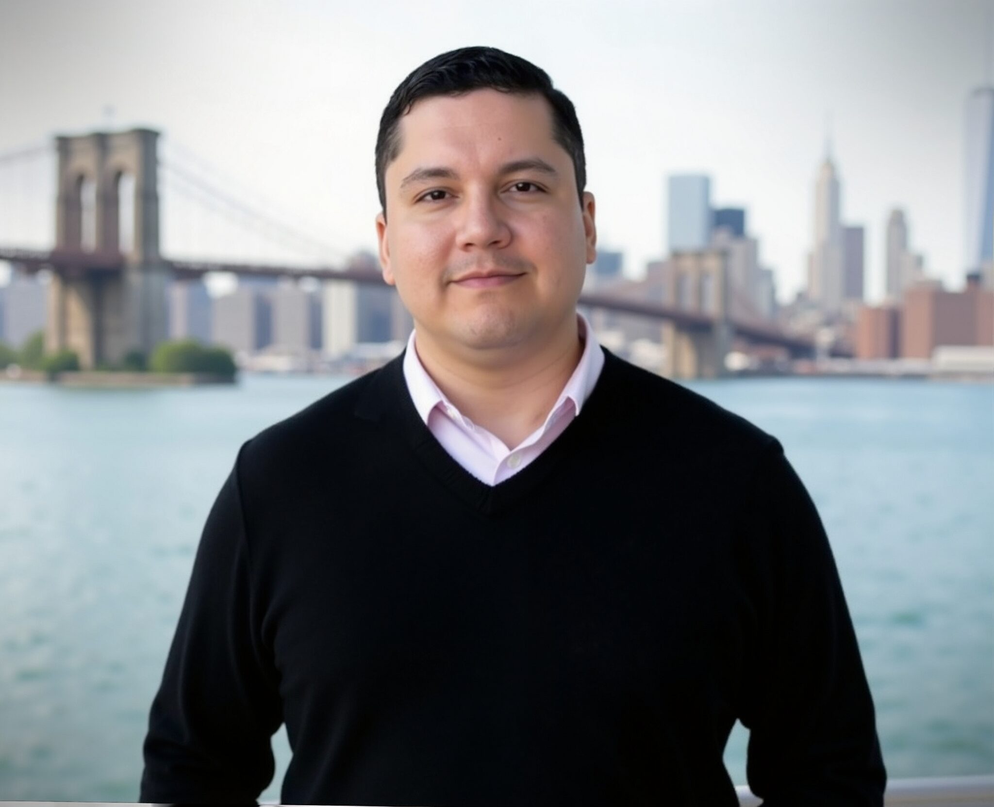 Luis Salazar Profile A man with short dark hair, wearing a black sweater over a white collared shirt, stands in front of a waterfront. Behind him, the Brooklyn Bridge and New York City skyline are visible on a clear day.