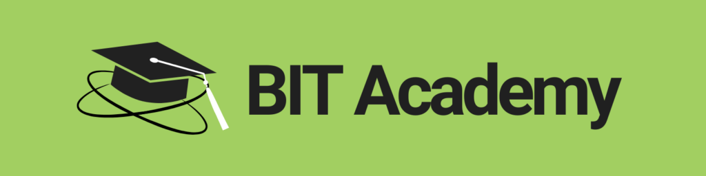 Logo for BIT Academy on a light green background. The logo features a black graduation cap with a white tassel orbiting around it, alongside bold black text that reads “BIT Academy.”