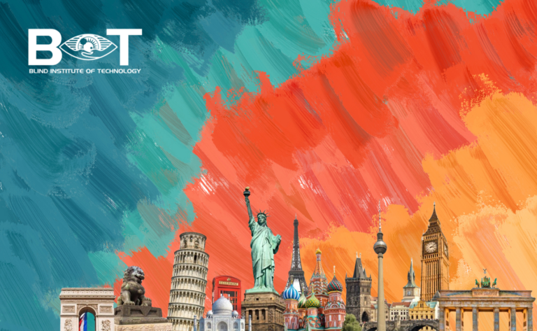 Painted teal and orange brushstrokes over a skyline of world landmarks, including the Statue of Liberty, Big Ben, the Eiffel Tower and the Leaning Tower of Pisa, with the BIT logo in the top left corner.