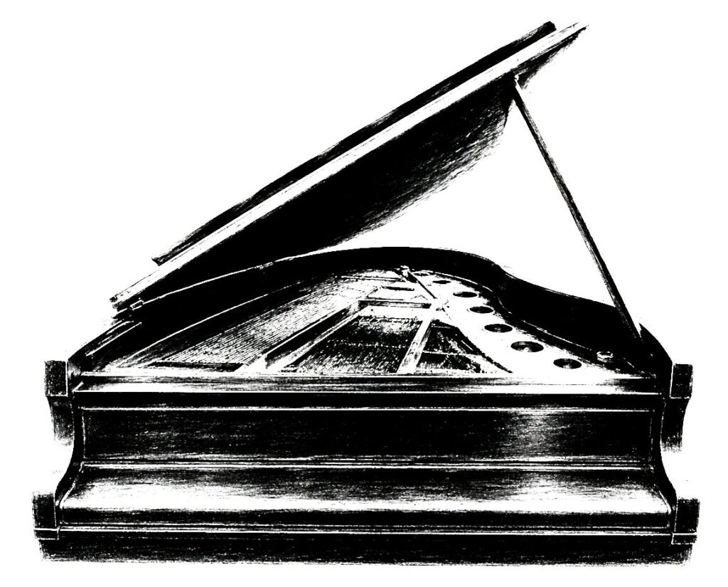 Black-and-white illustration of a grand piano viewed from the front, with the lid propped open. The image is highly contrasted and stylized, emphasizing the piano’s glossy surface, strings, and internal structure against a plain light background.