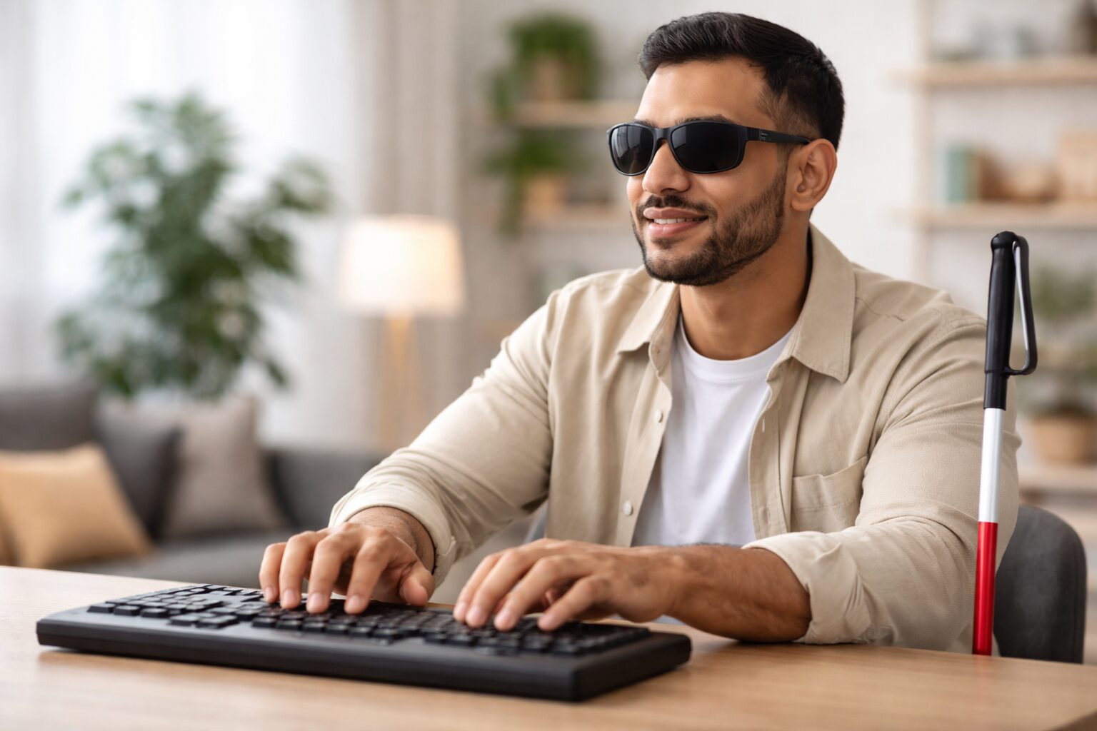 A professional with low vision working at a computer with a white cane beside him.